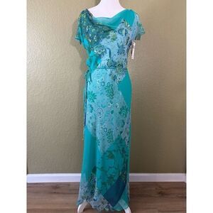 Y2K CDC Women's 6 Flutter Sleeve Wrap Maxi Dress Blue Green Patchwork Paisley